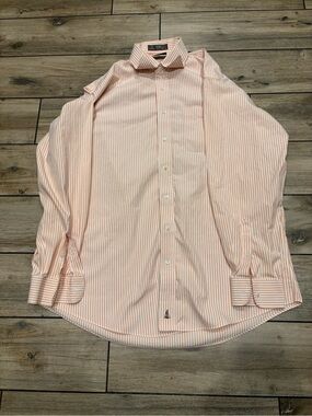 Nordstrom Mens 16.5 34 Smartcare Peach Orange White Stripe Dress Shirt